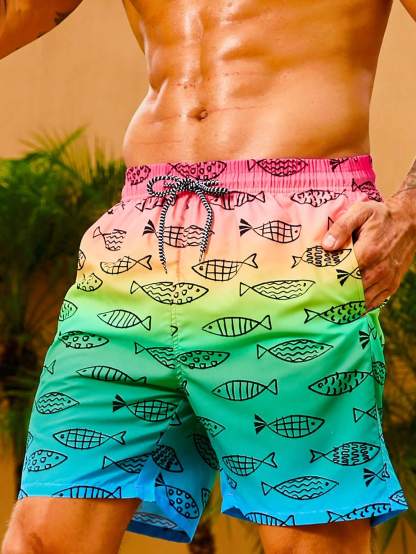 Fish Print Non Stretch Drawstring Waist Swim Trunks-Waves And Trunks