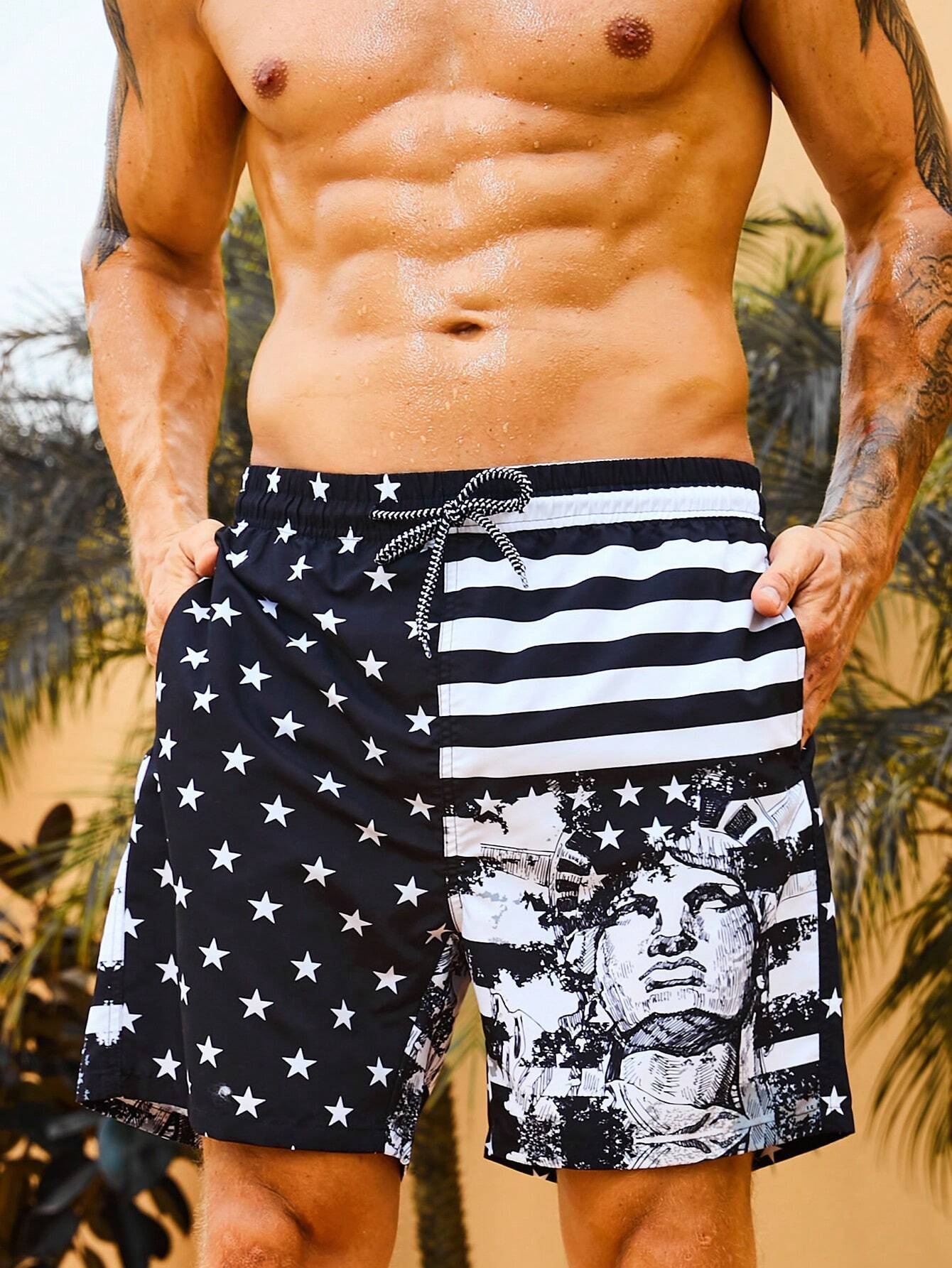 Striped And Star Print Swim Shorts-Waves And Trunks