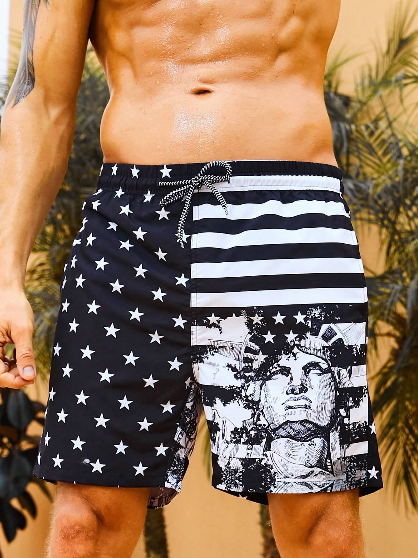 Striped And Star Print Swim Shorts-Waves And Trunks