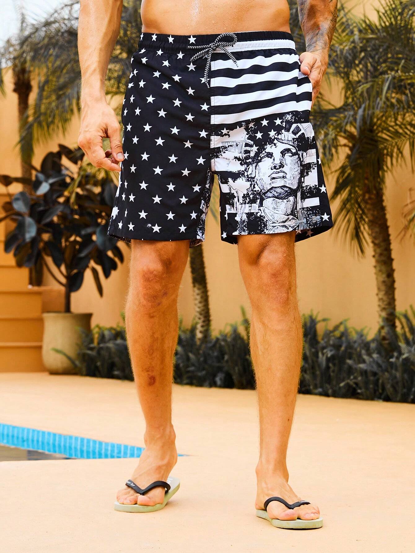 Striped And Star Print Swim Shorts-Waves And Trunks