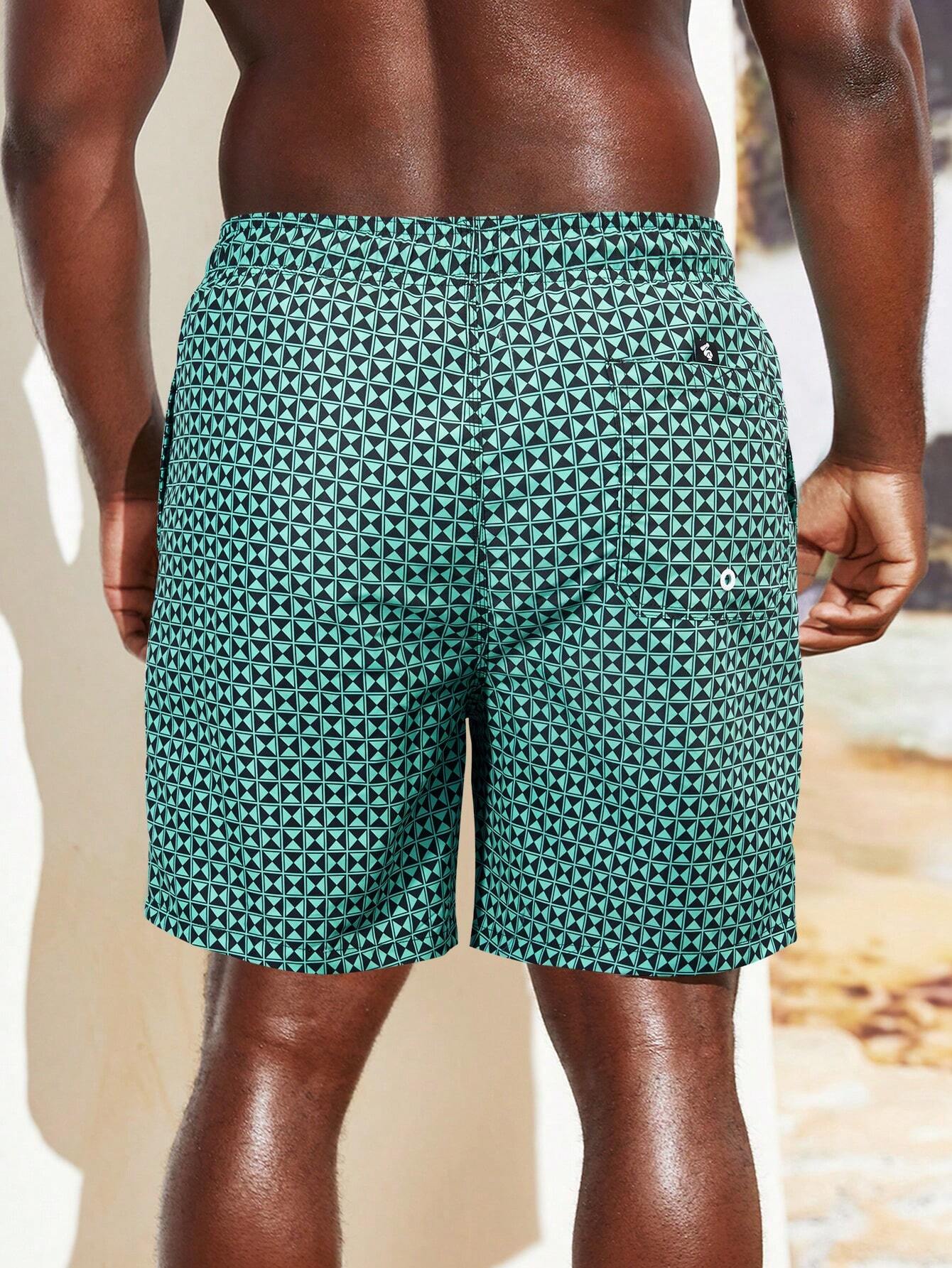 Geometric Graphic Letter Patched Swim Trunks-Waves And Trunks