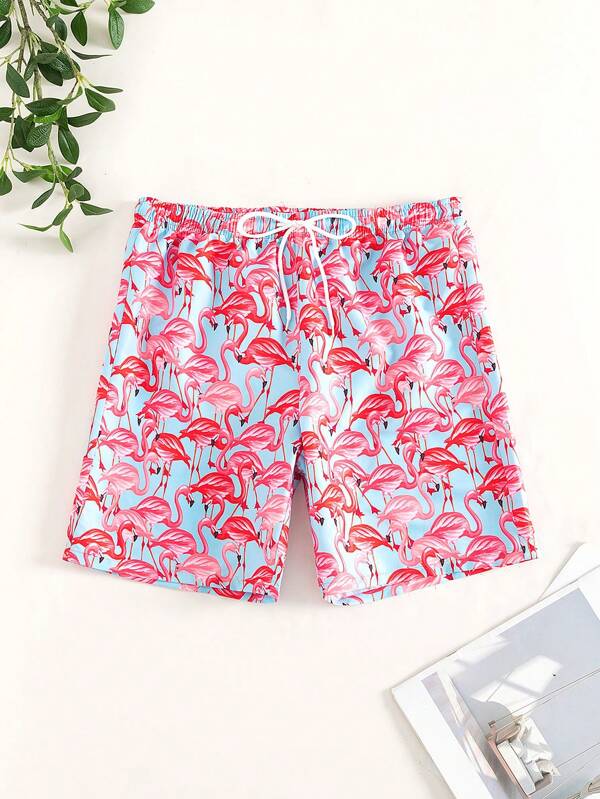 Allover Flamingo Print Drawstring Waist Swim Trunks-Waves And Trunks