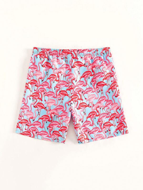Allover Flamingo Print Drawstring Waist Swim Trunks-Waves And Trunks