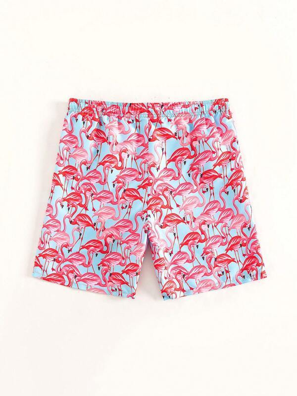 Allover Flamingo Print Drawstring Waist Swim Trunks-Waves And Trunks