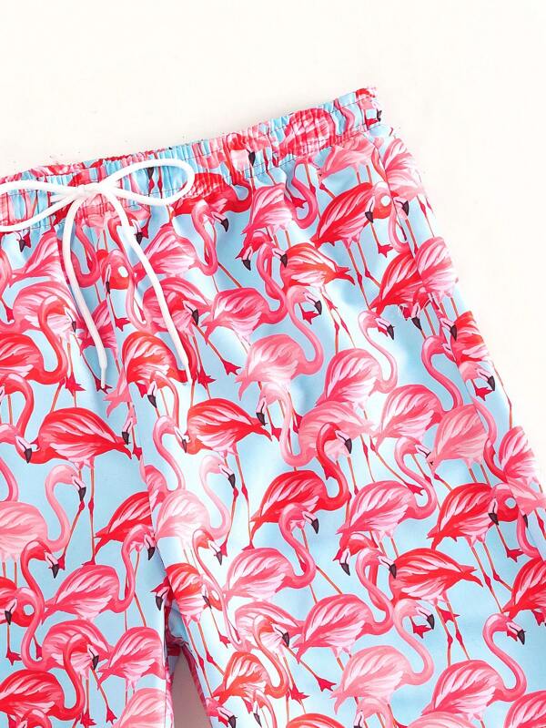 Allover Flamingo Print Drawstring Waist Swim Trunks-Waves And Trunks