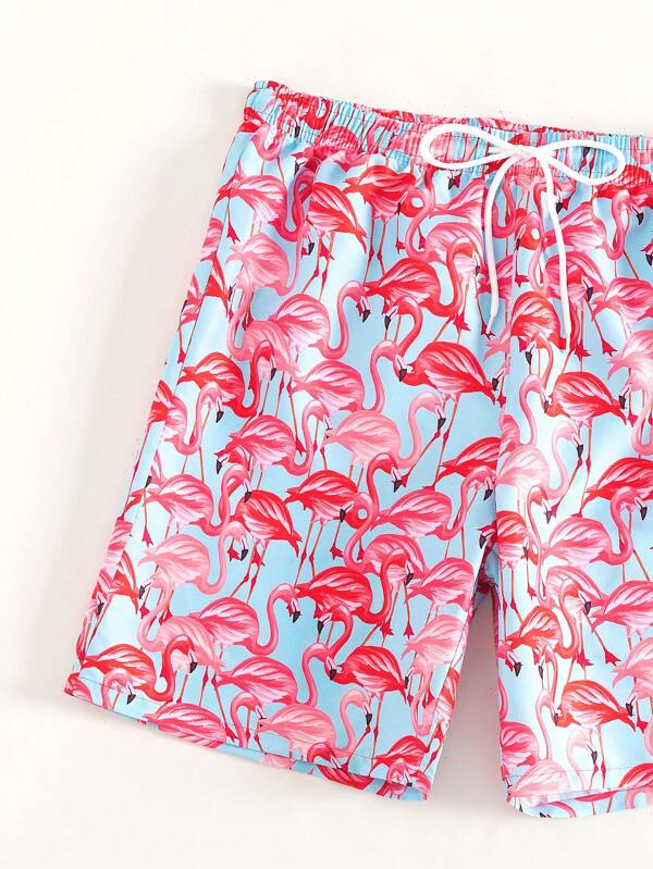 Allover Flamingo Print Drawstring Waist Swim Trunks-Waves And Trunks