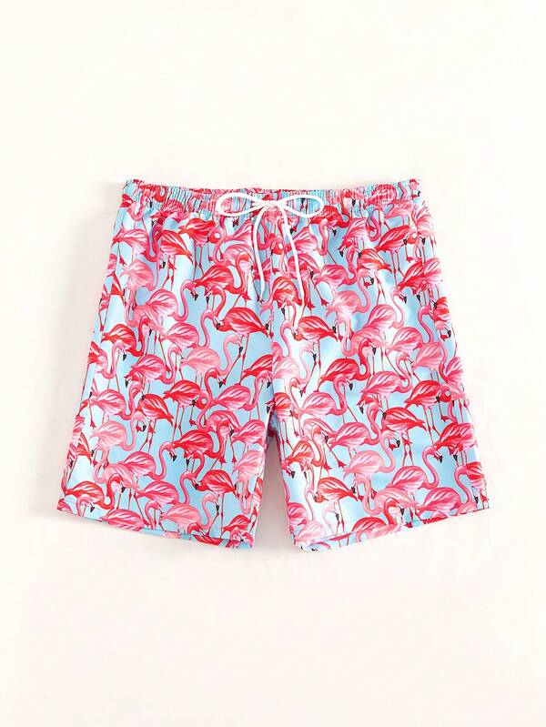 Allover Flamingo Print Drawstring Waist Swim Trunks-Waves And Trunks