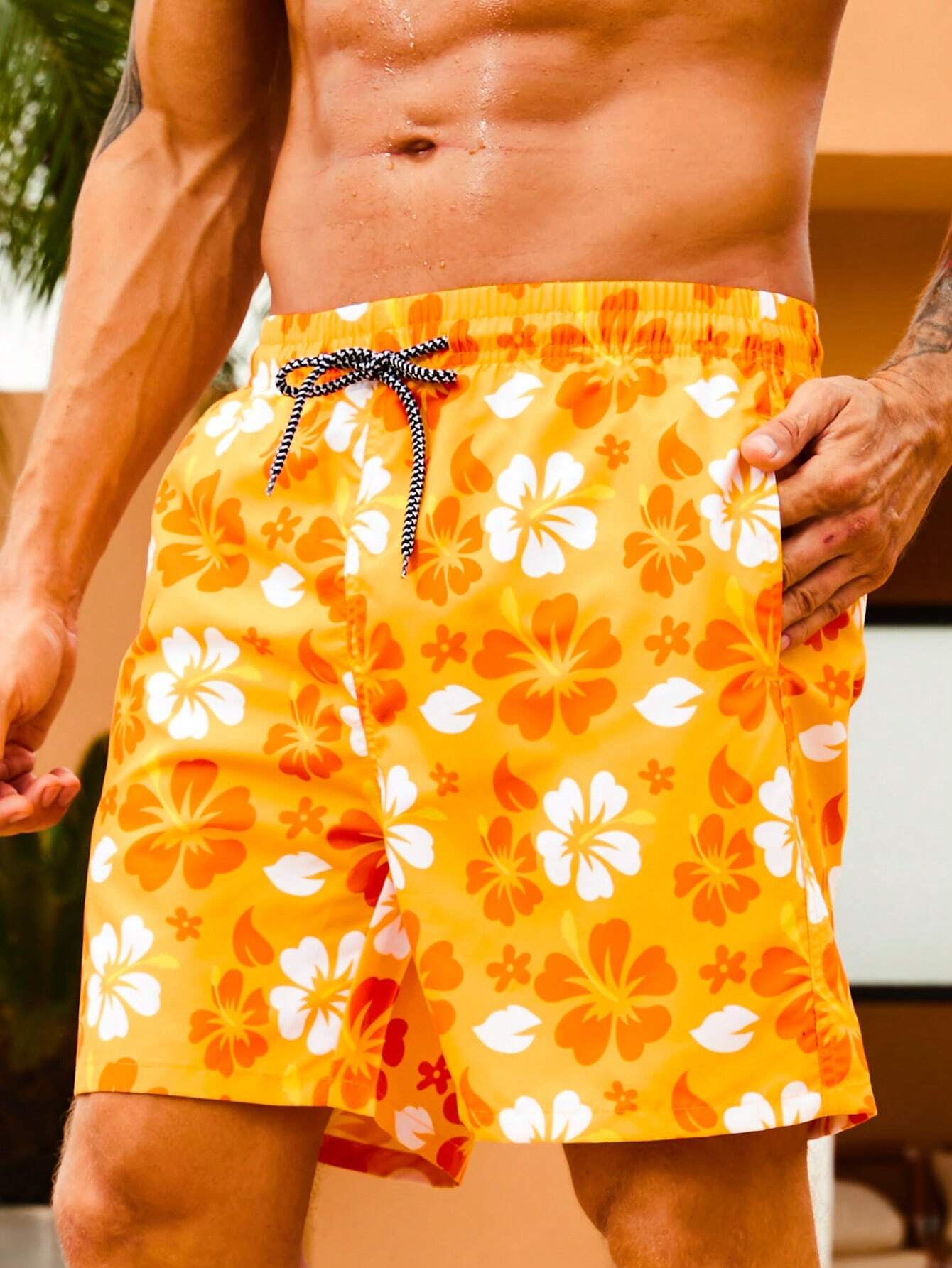 Drawstring Floral Printed Non Stretch Swim Trunks-Waves And Trunks