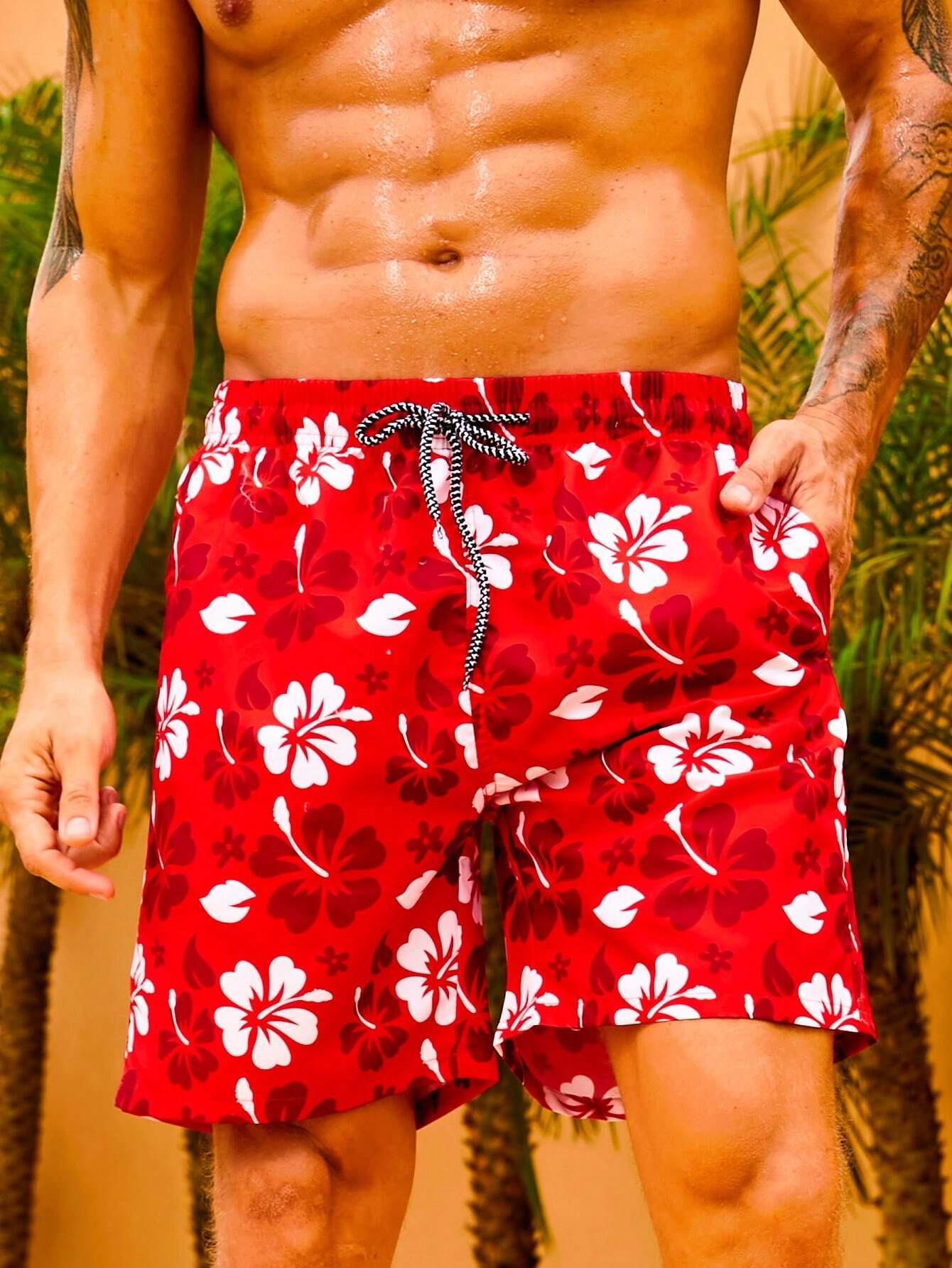 Drawstring Floral Printed Non Stretch Swim Trunks-Waves And Trunks