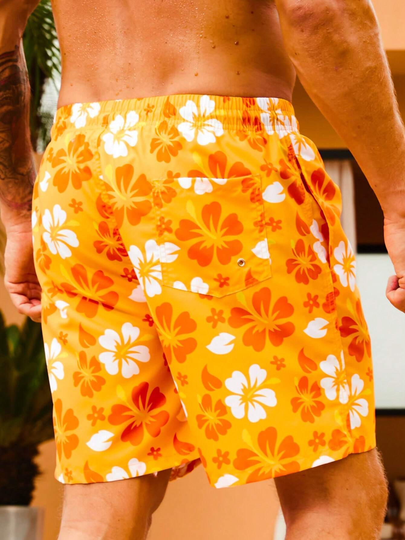 Drawstring Floral Printed Non Stretch Swim Trunks-Waves And Trunks