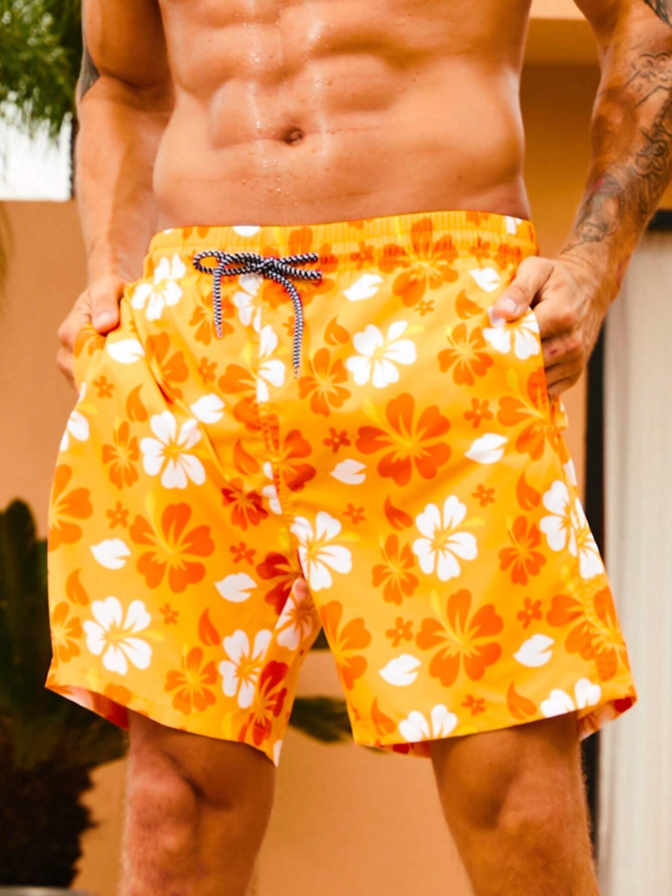 Drawstring Floral Printed Non Stretch Swim Trunks-Waves And Trunks