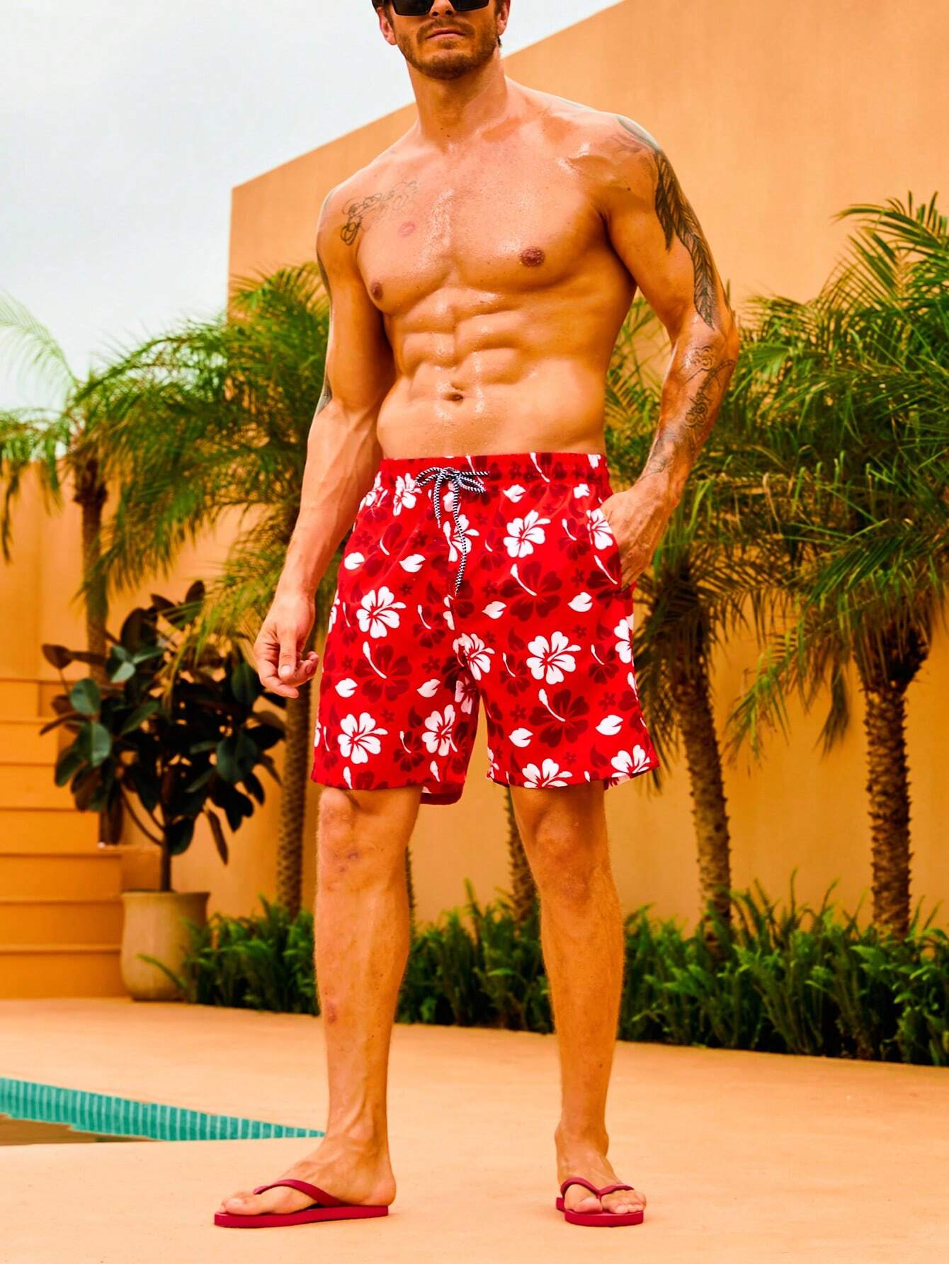 Drawstring Floral Printed Non Stretch Swim Trunks-Waves And Trunks