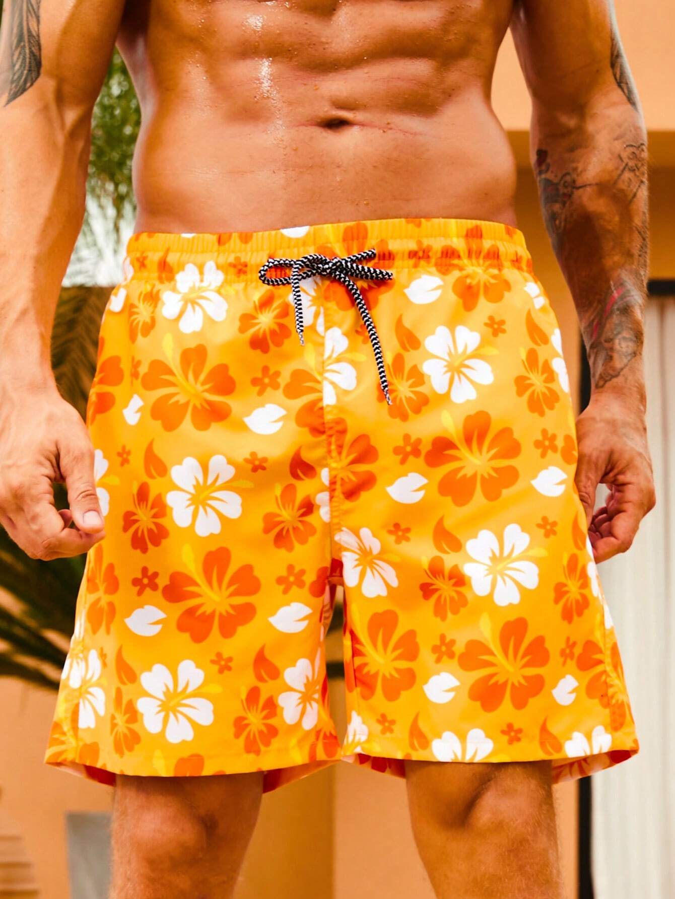 Drawstring Floral Printed Non Stretch Swim Trunks-Waves And Trunks