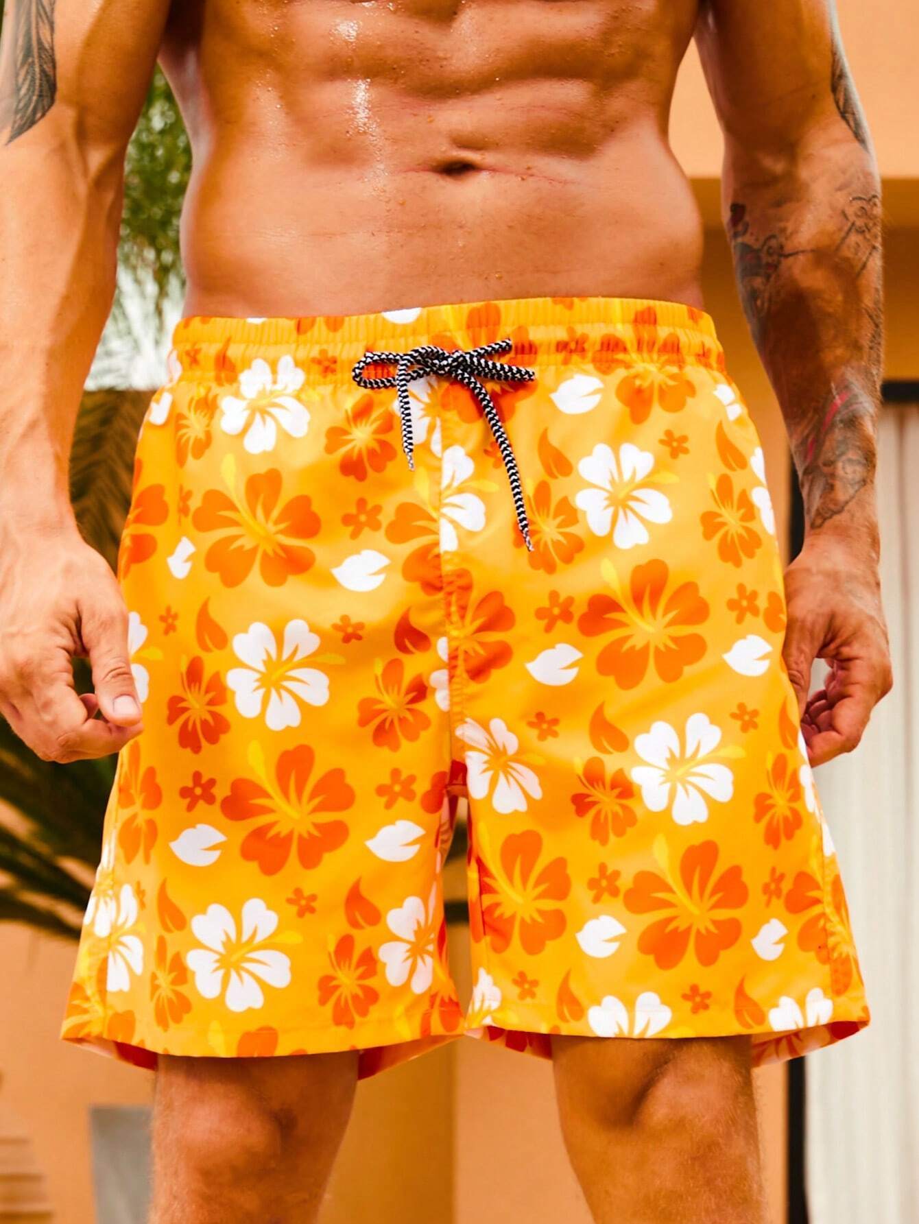 Drawstring Floral Printed Non Stretch Swim Trunks-Waves And Trunks