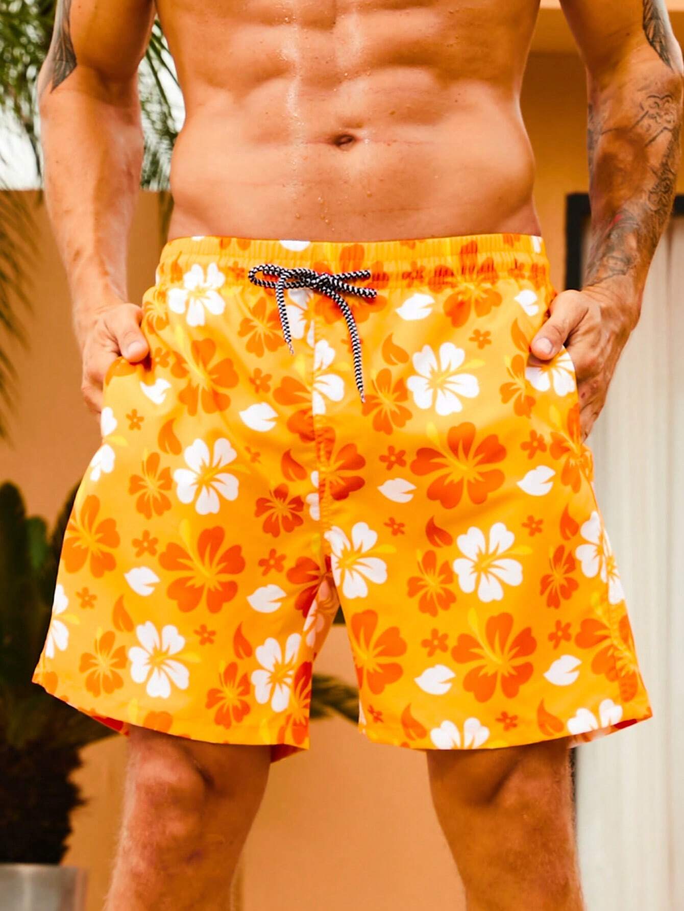 Drawstring Floral Printed Non Stretch Swim Trunks-Waves And Trunks