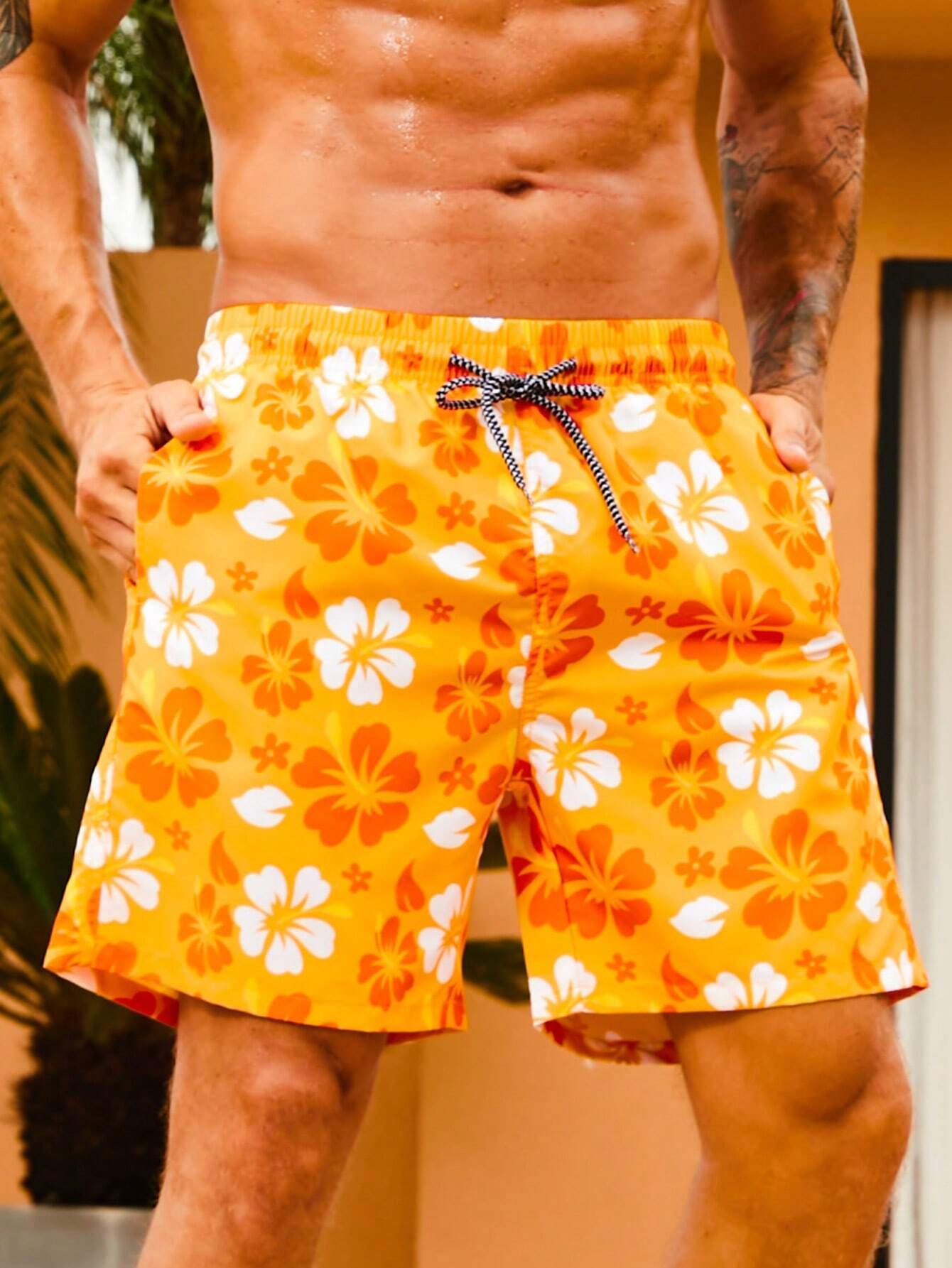 Drawstring Floral Printed Non Stretch Swim Trunks-Waves And Trunks