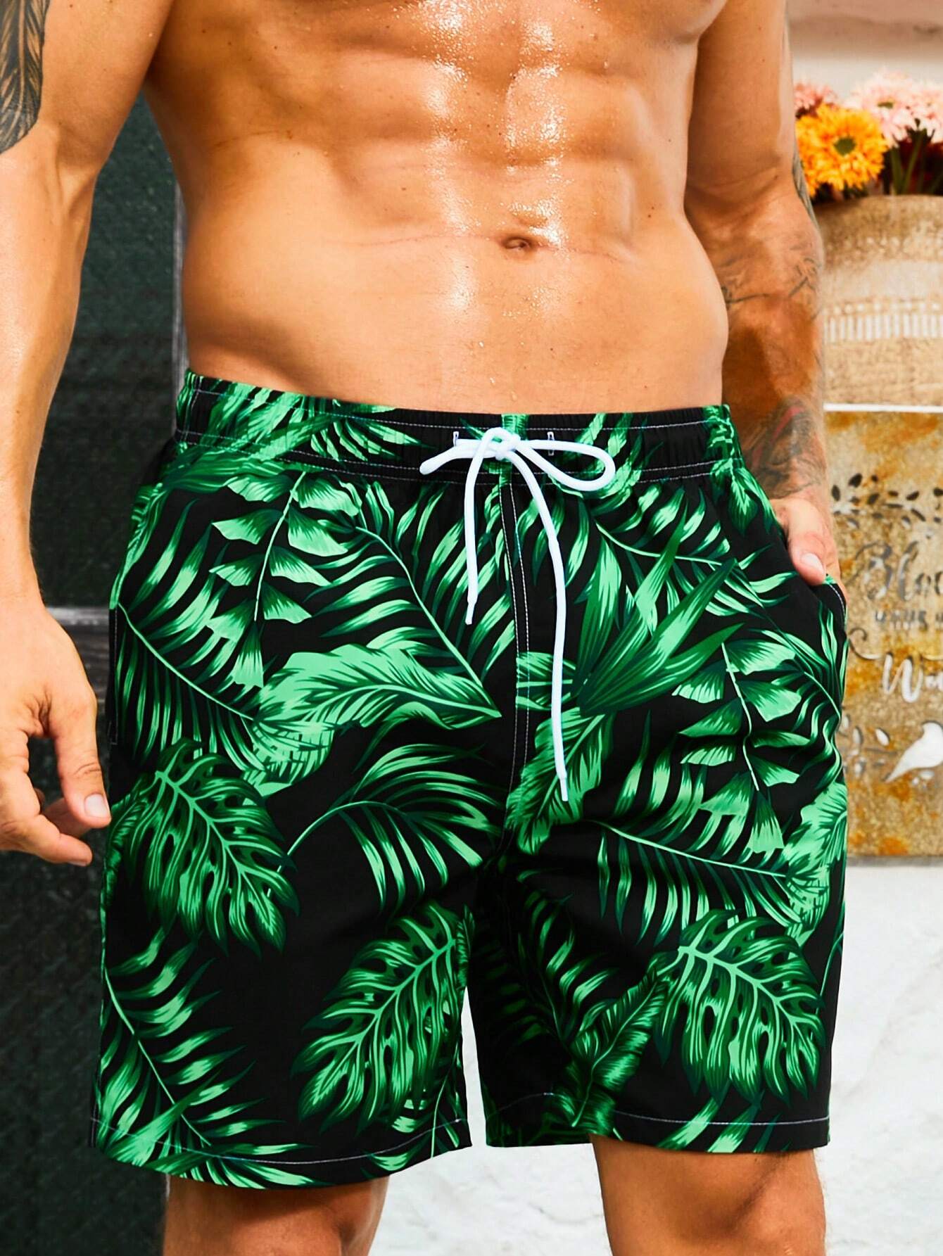Leaves Print Drawstring Waist Swim Trunks-Waves And Trunks