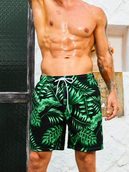 Leaves Print Drawstring Waist Swim Trunks-Waves And Trunks