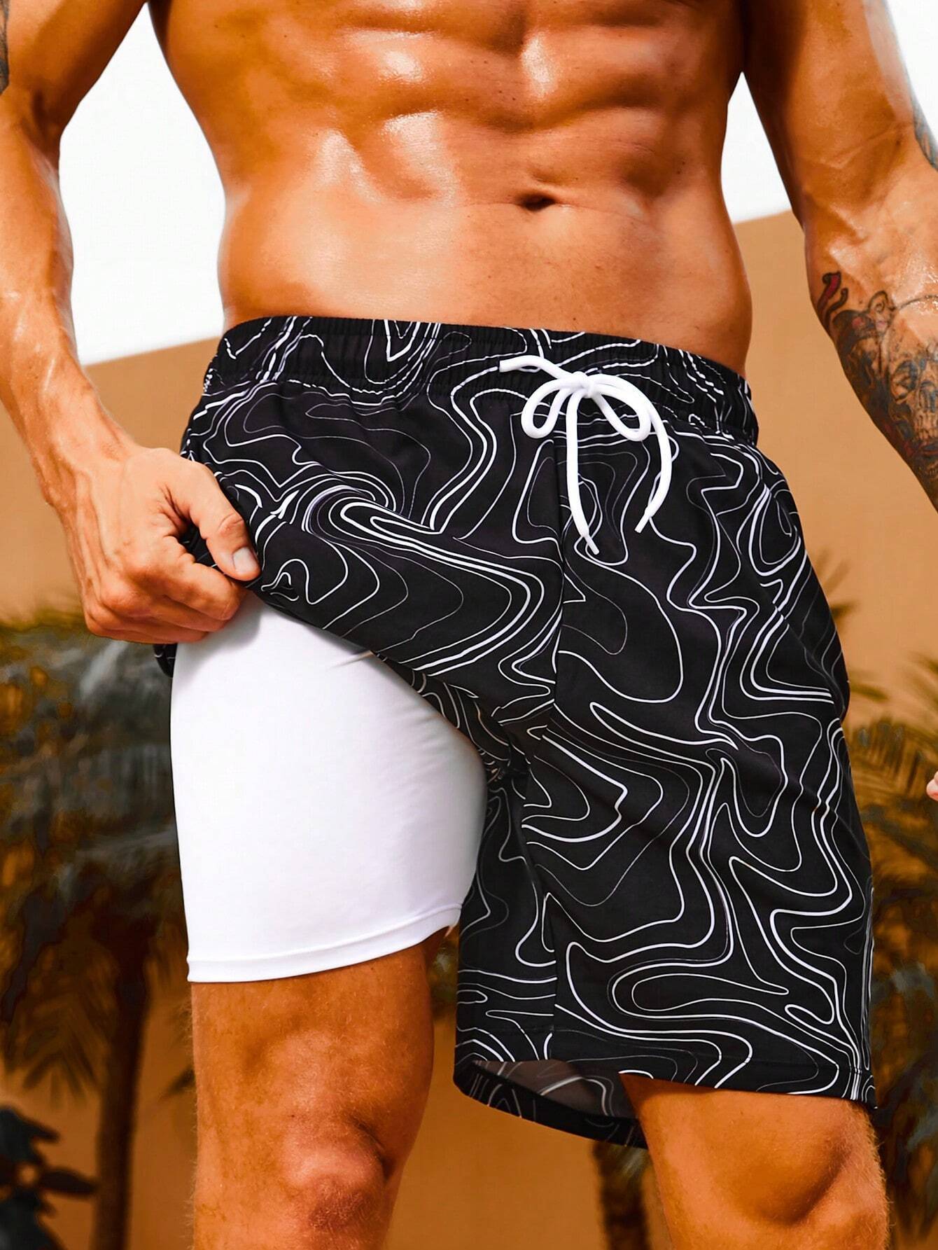 Print Drawstring Swim Trunks-Waves And Trunks