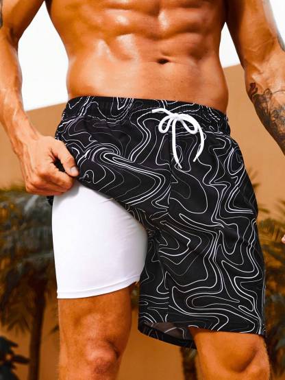 Print Drawstring Swim Trunks-Waves And Trunks