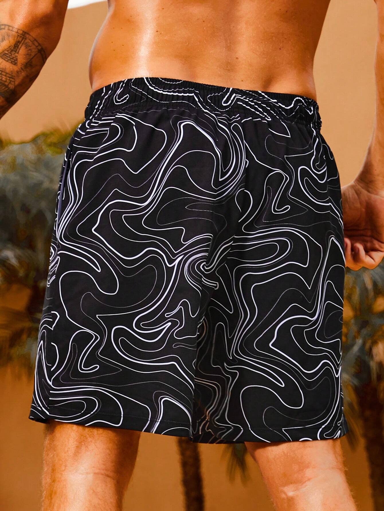 Print Drawstring Swim Trunks-Waves And Trunks