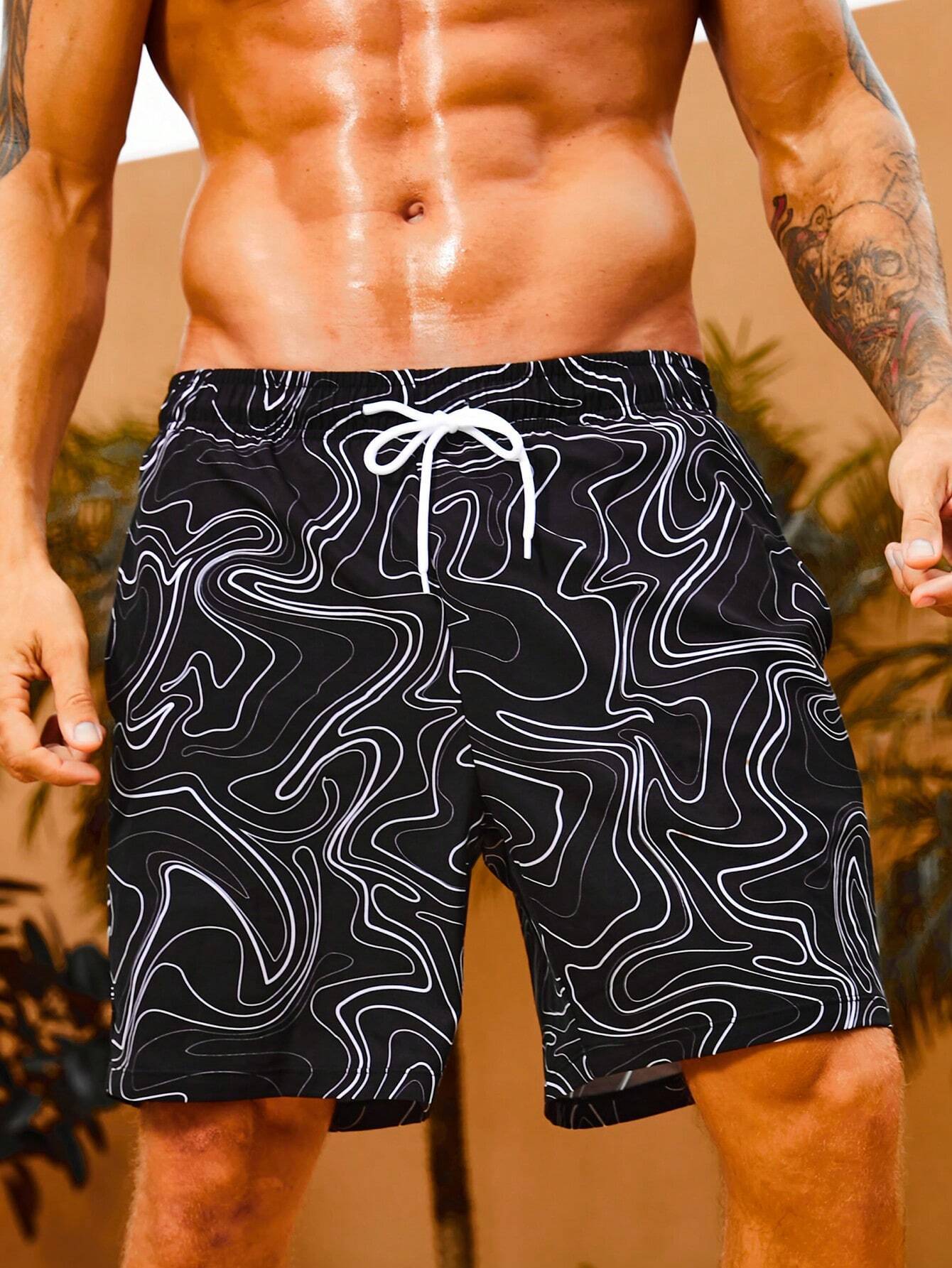 Print Drawstring Swim Trunks-Waves And Trunks