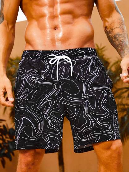 Print Drawstring Swim Trunks-Waves And Trunks