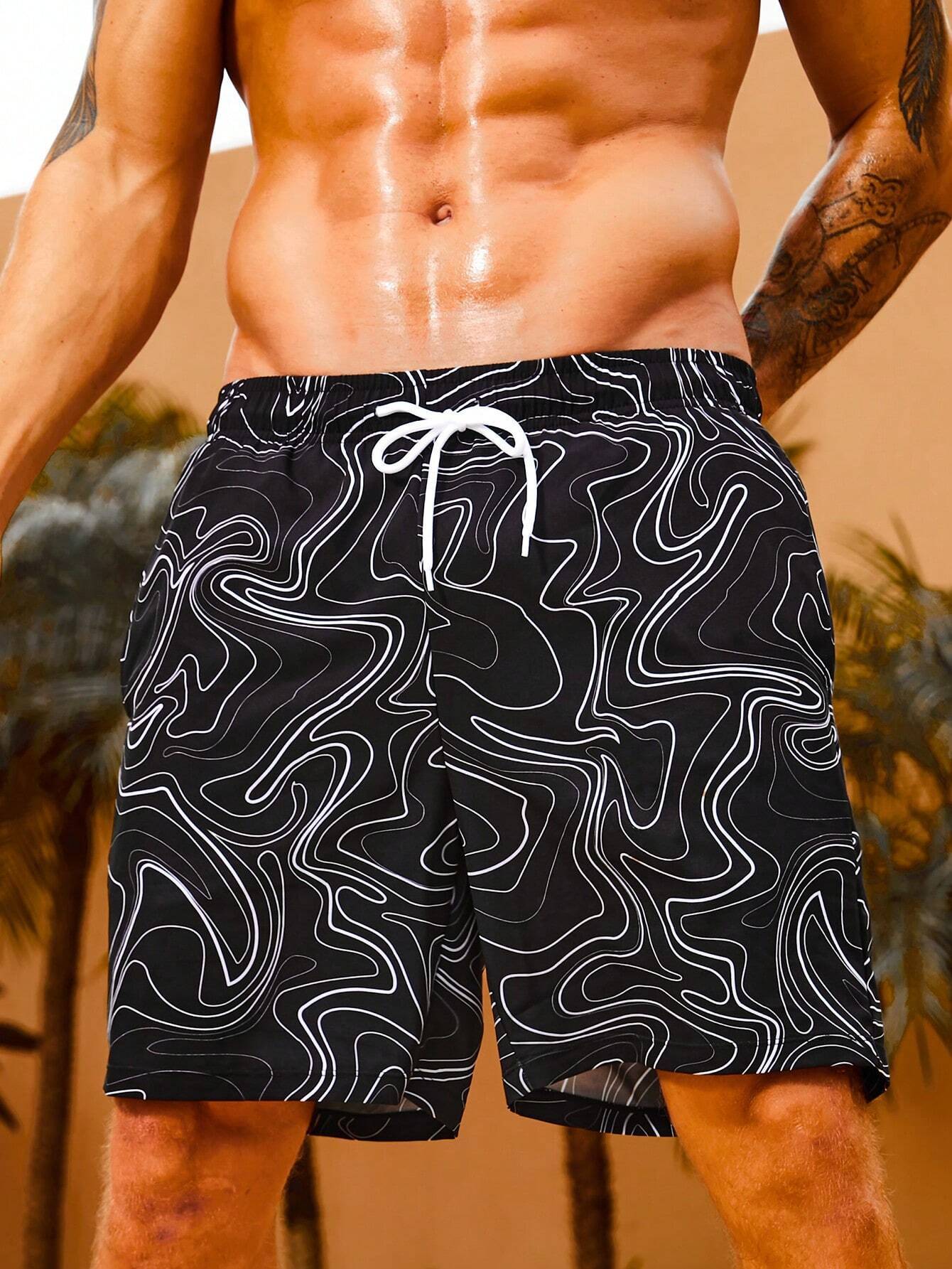 Print Drawstring Swim Trunks-Waves And Trunks