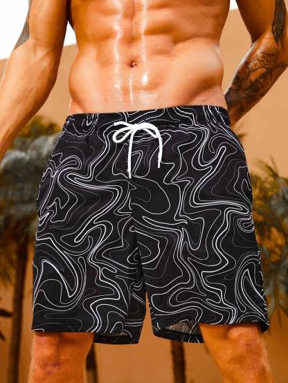 Print Drawstring Swim Trunks-Waves And Trunks