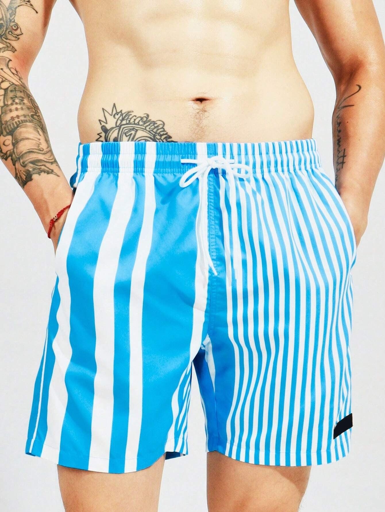 Striped Patterned Drawstring Swim Shorts-Waves And Trunks