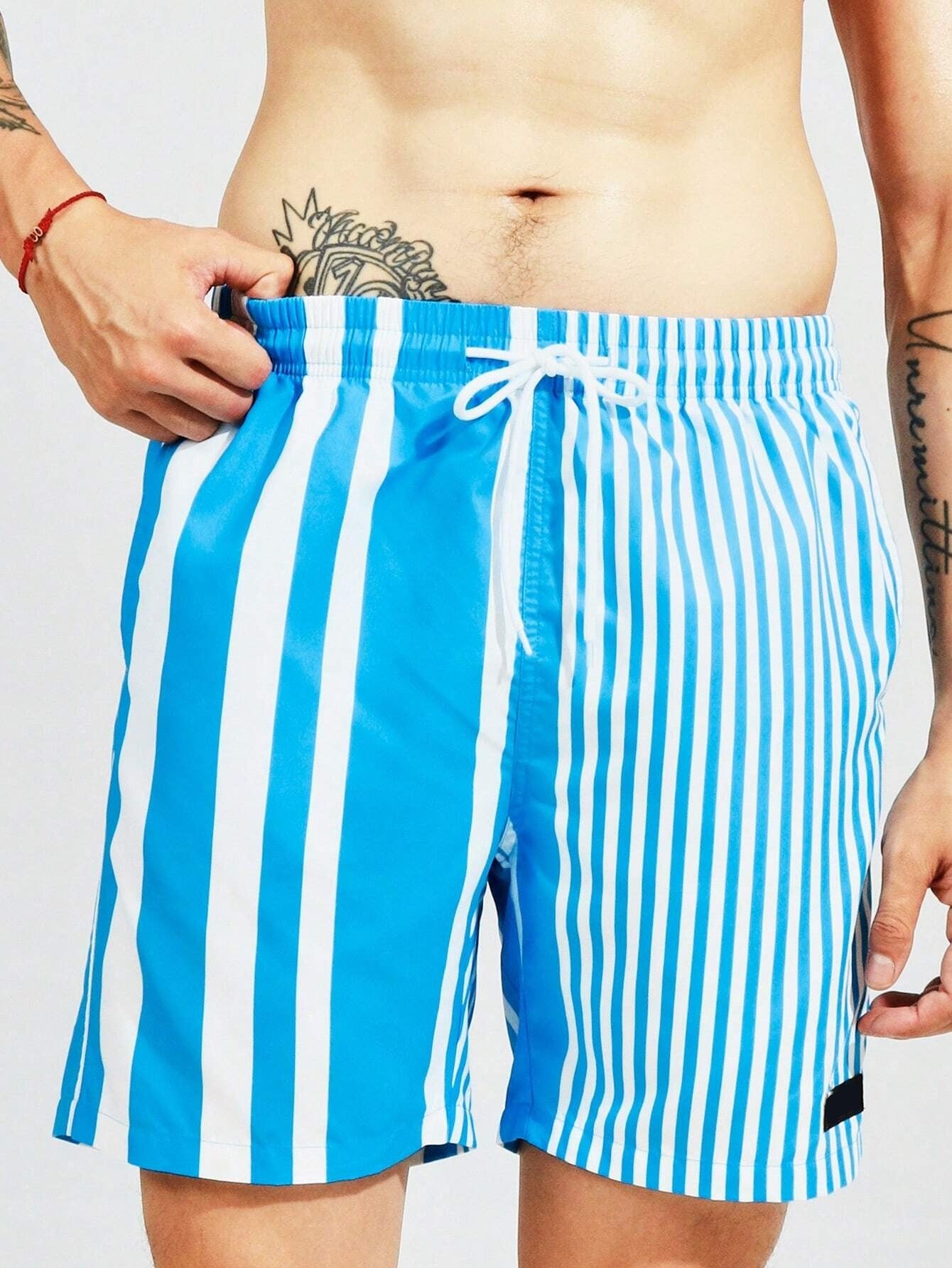 Striped Patterned Drawstring Swim Shorts-Waves And Trunks