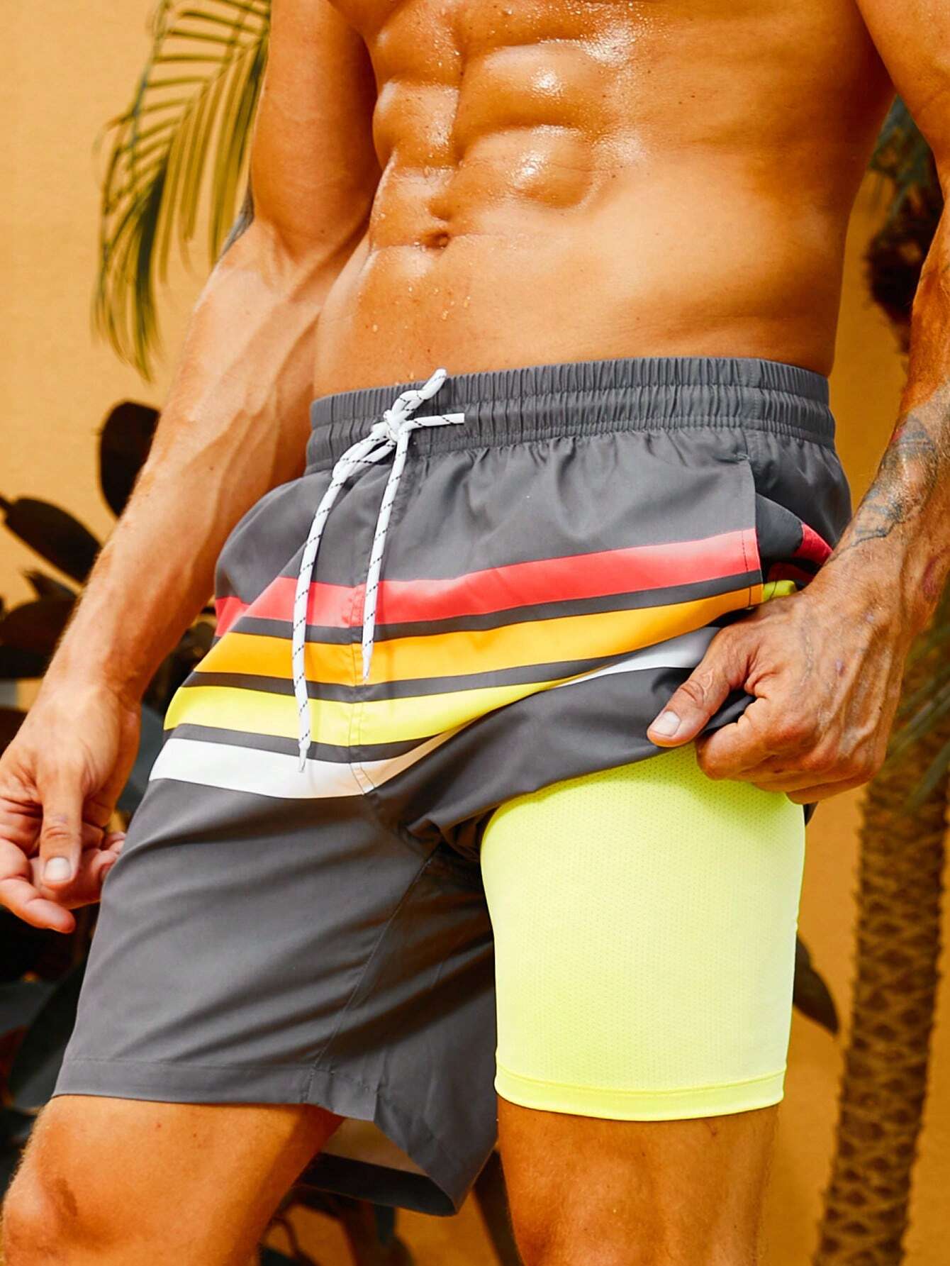 Striped Print Drawstring Swim Shorts-Waves And Trunks