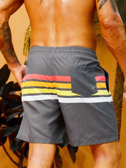 Striped Print Drawstring Swim Shorts-Waves And Trunks