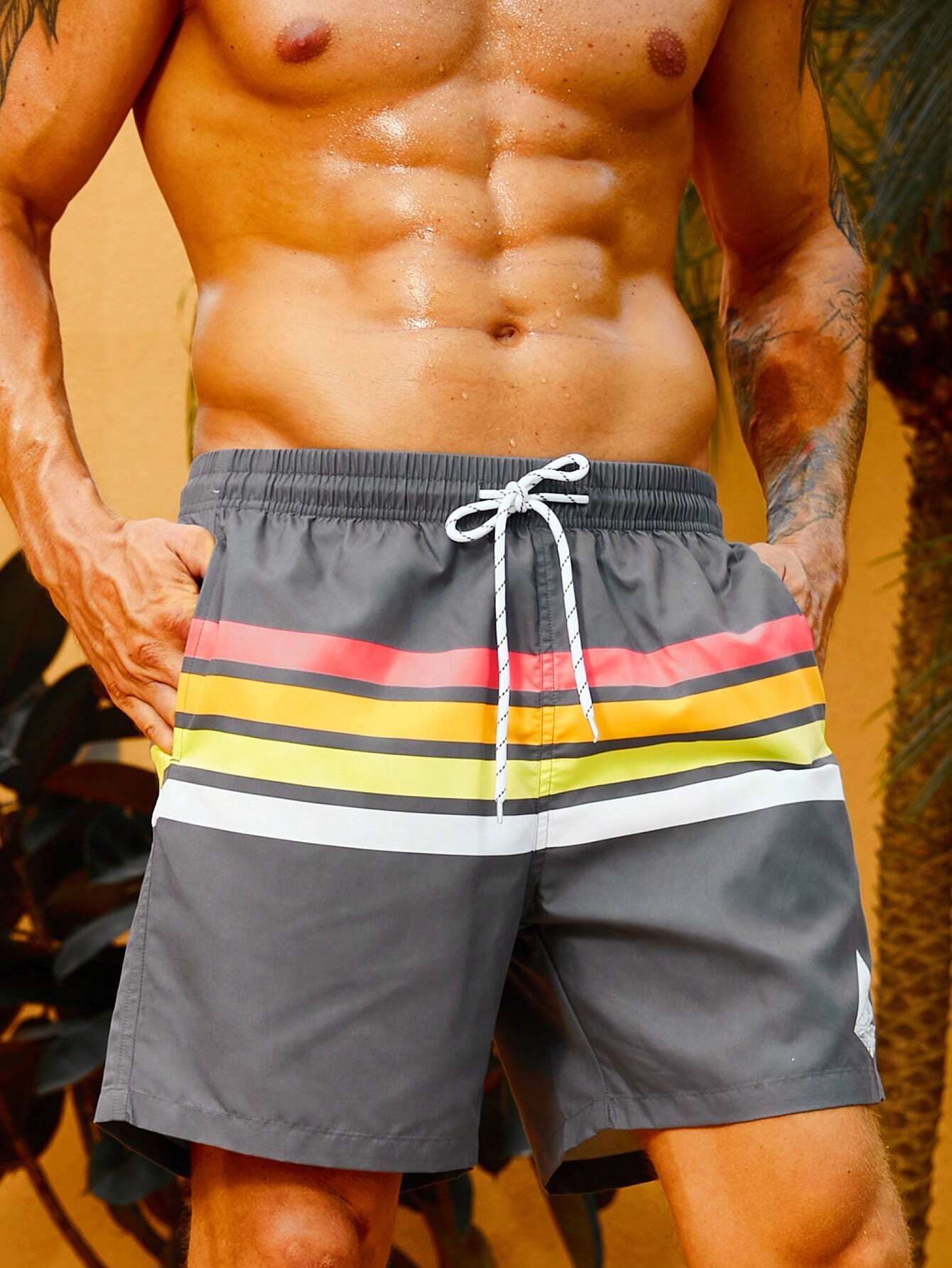 Striped Print Drawstring Swim Shorts-Waves And Trunks