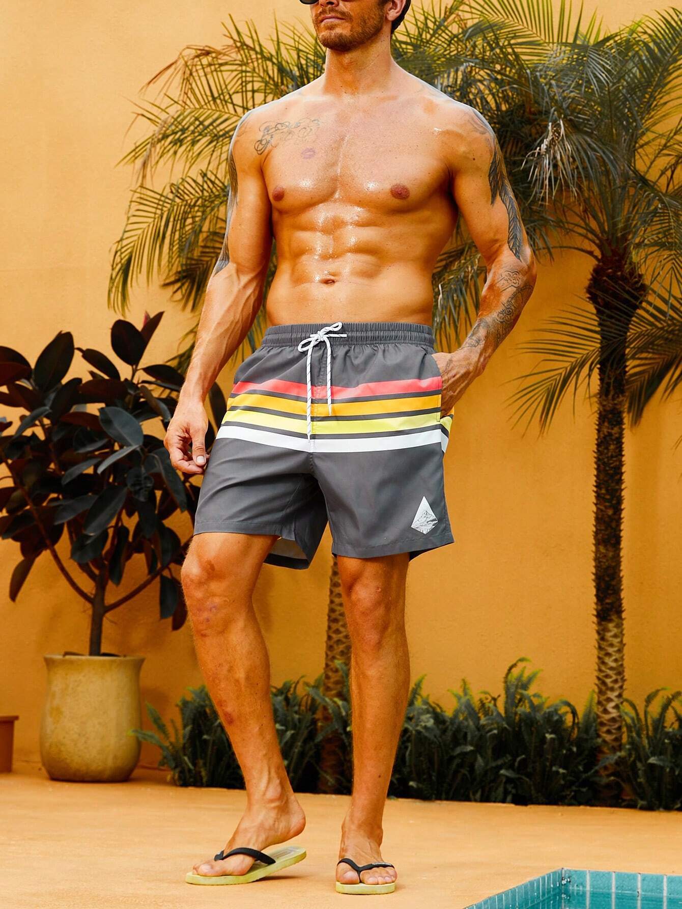 Striped Print Drawstring Swim Shorts-Waves And Trunks