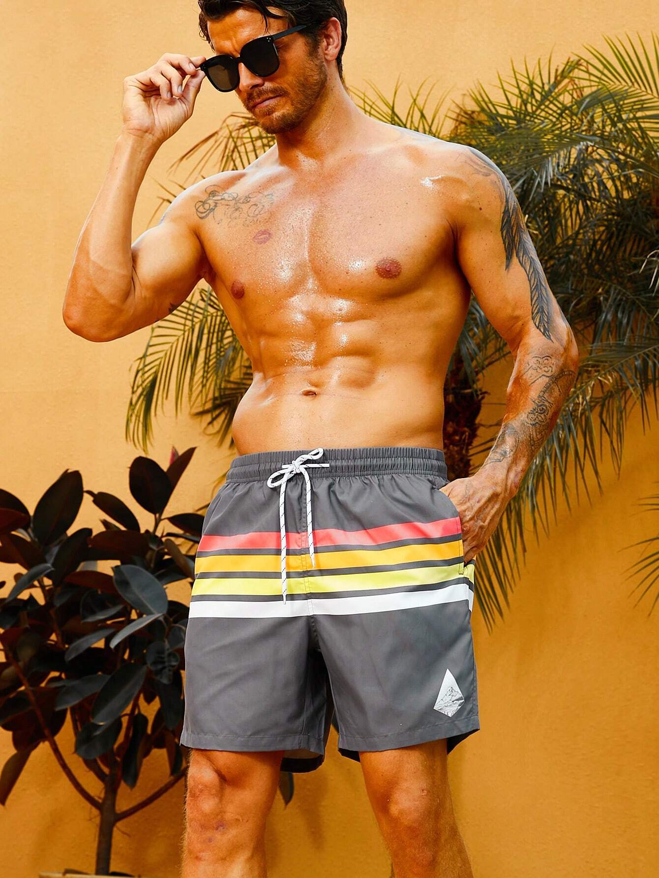 Striped Print Drawstring Swim Shorts-Waves And Trunks