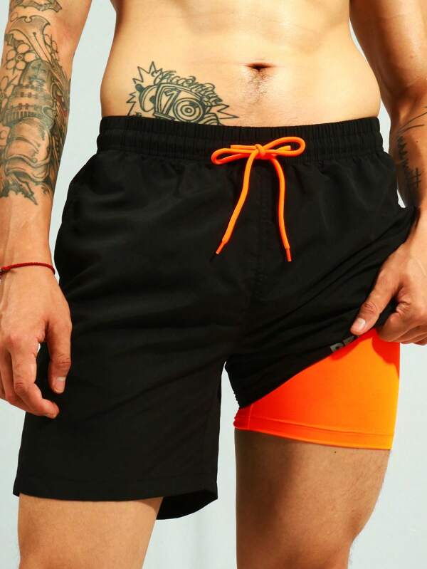 2 In 1 Drawstring Waist Swim Trunks-Waves And Trunks