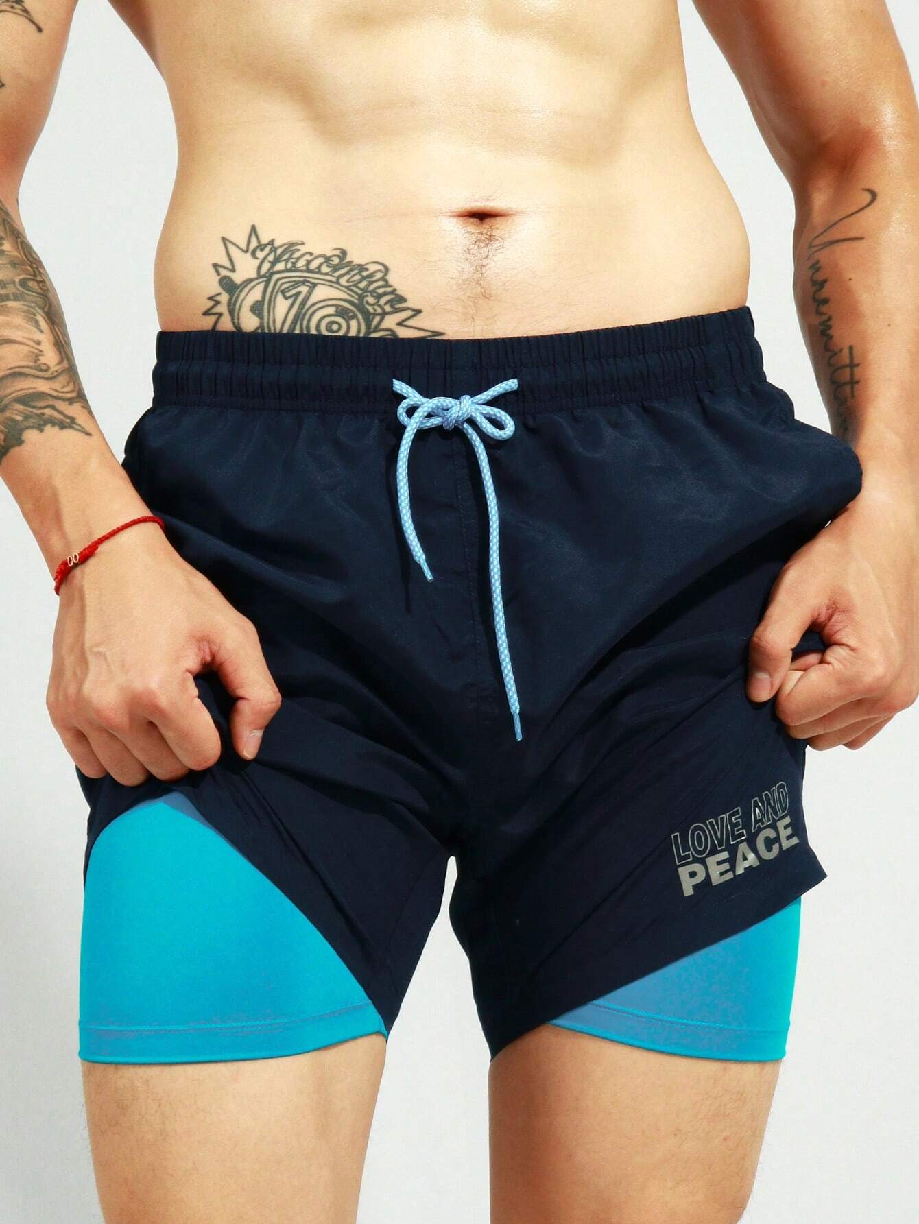 2 In 1 Drawstring Waist Swim Trunks-Waves And Trunks