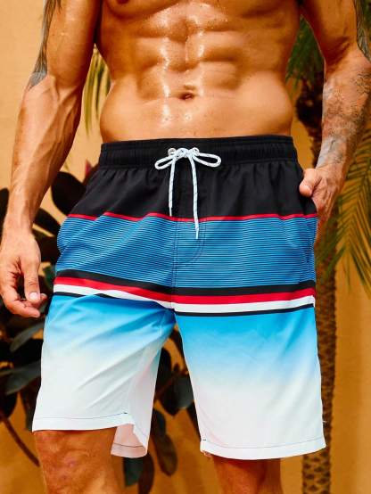 Striped Print Drawstring Waist Beach Shorts-Waves And Trunks