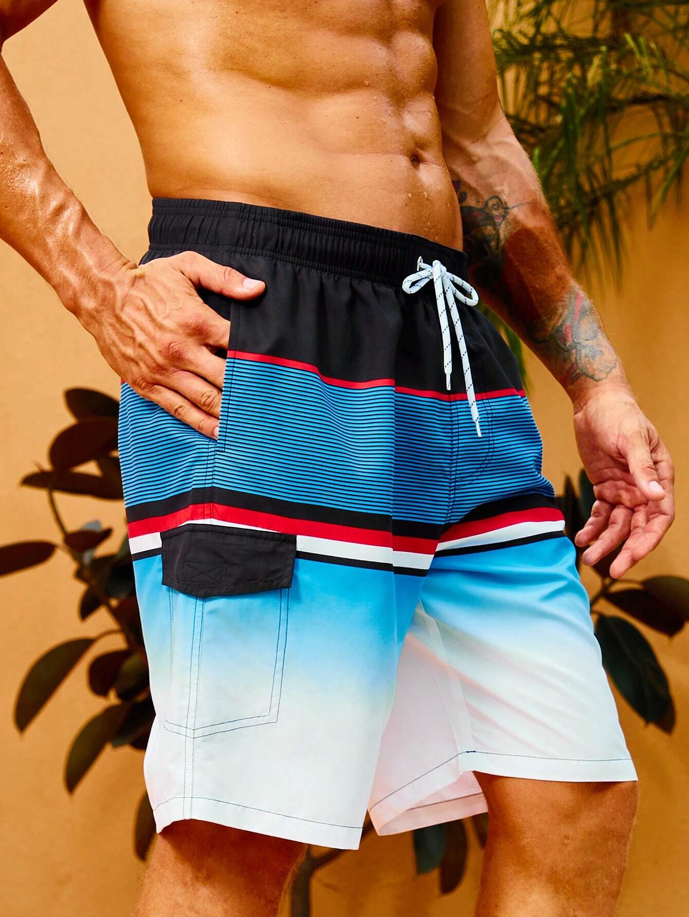 Striped Print Drawstring Waist Beach Shorts-Waves And Trunks