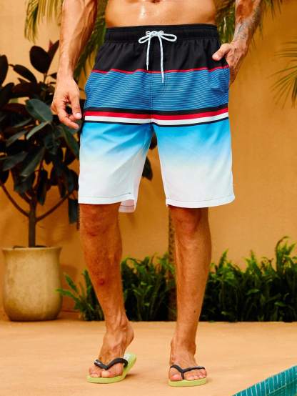 Striped Print Drawstring Waist Beach Shorts-Waves And Trunks