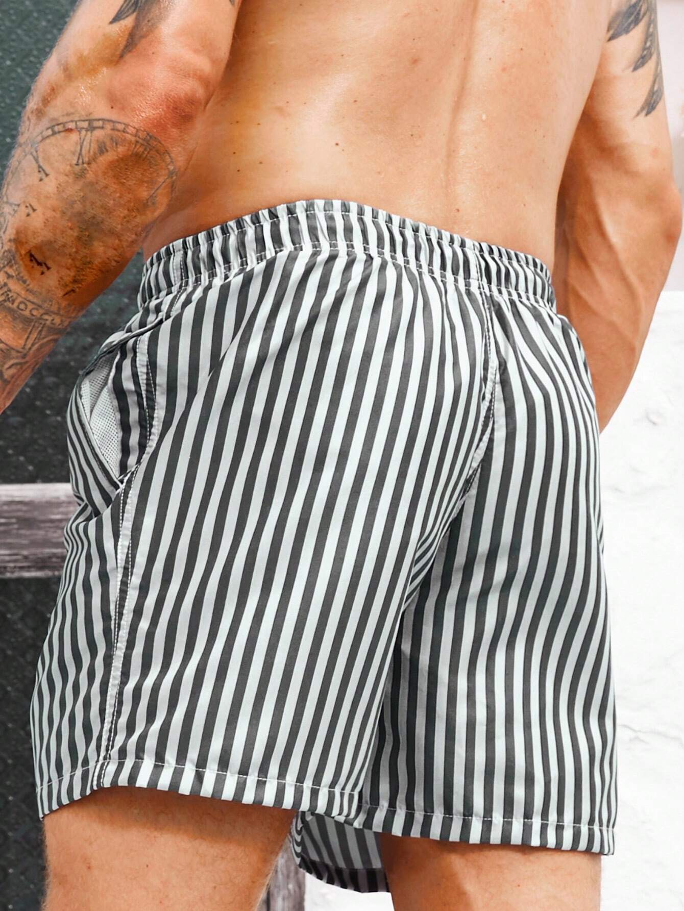 Striped Print Swim Shorts With Flap Pocket-Waves And Trunks
