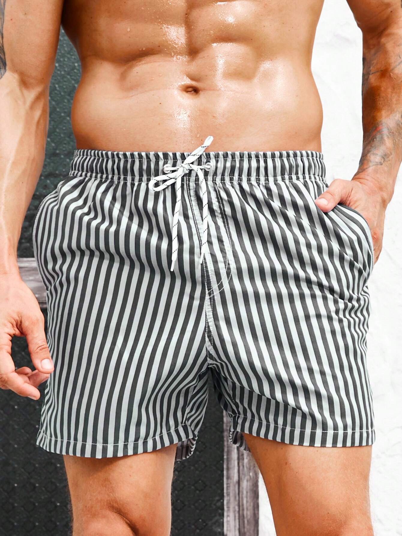 Striped Print Swim Shorts With Flap Pocket-Waves And Trunks