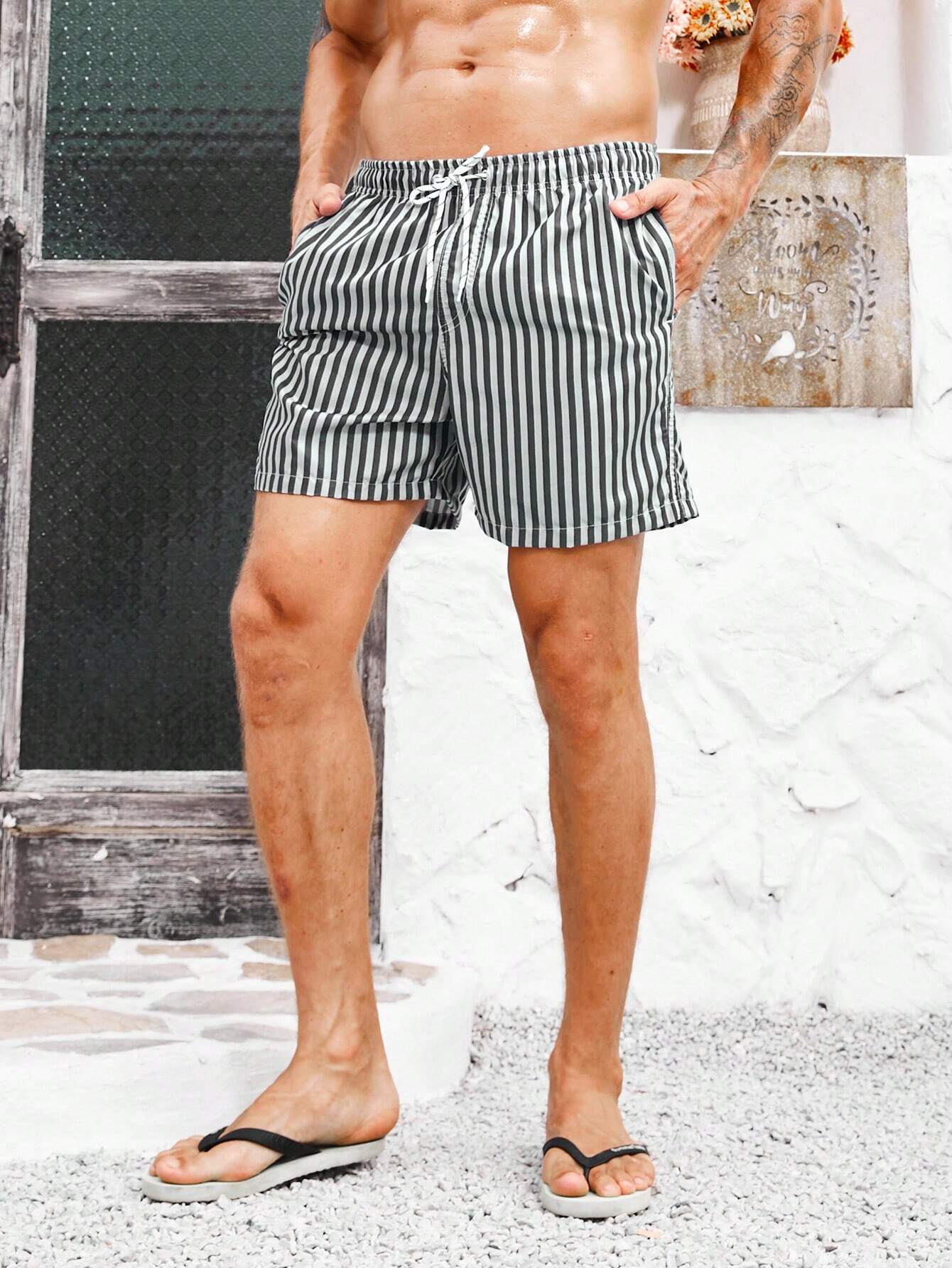 Striped Drawstring Waist Swim Shorts With Pocket-Waves And Trunks