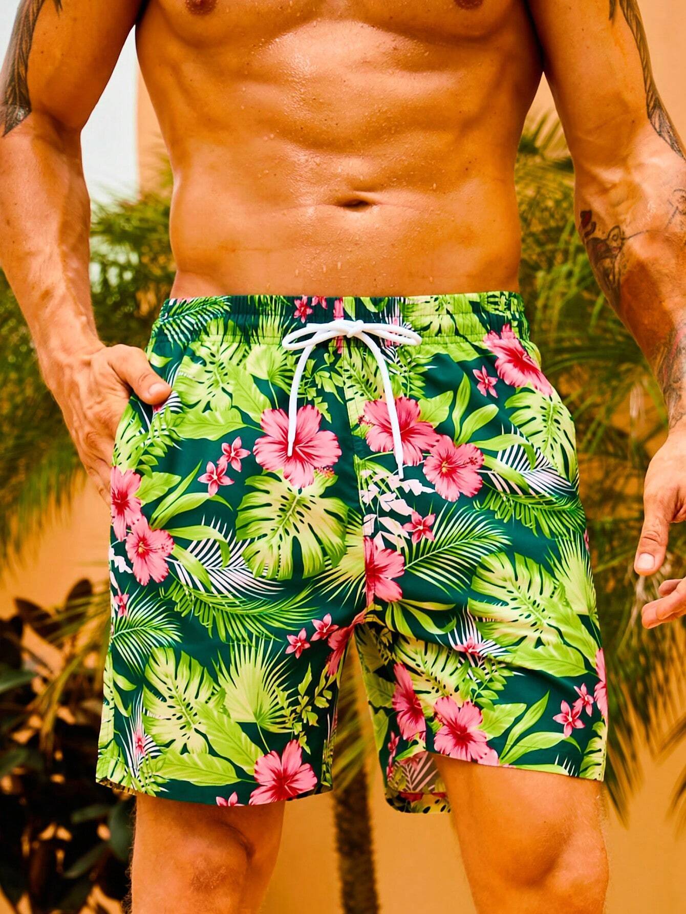 Tropical Print Swim Trunks With Pocket-Waves And Trunks