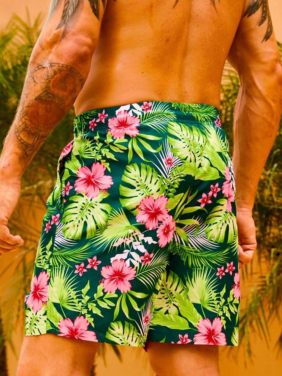 Non Stretch Tropical Print Drawstring Swim Trunks-Waves And Trunks