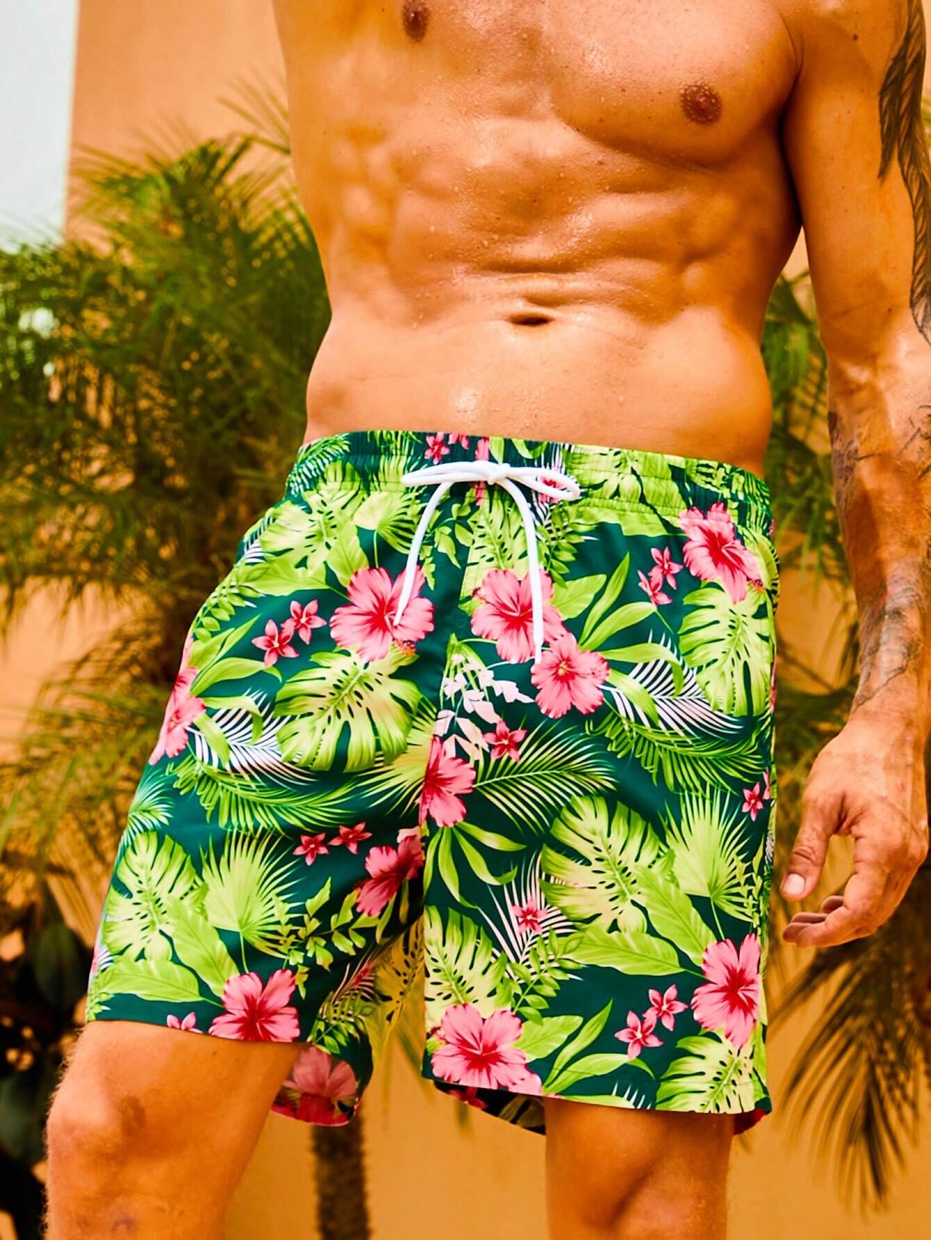 Tropical Print Swim Trunks With Pocket-Waves And Trunks
