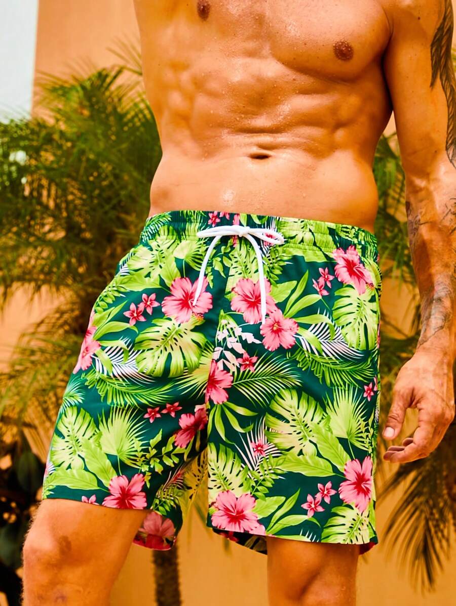 Non Stretch Tropical Print Drawstring Swim Trunks-Waves And Trunks