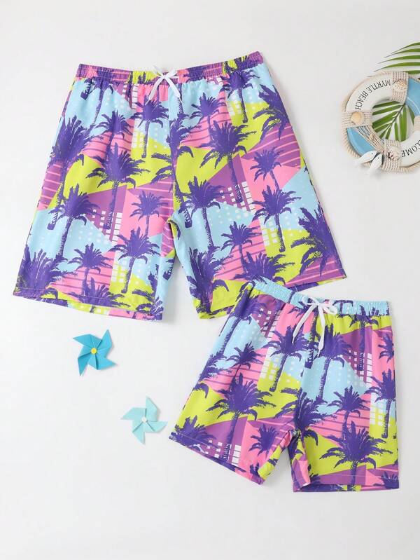 1 Piece Coconut Tree Print Swim Trunks-Waves And Trunks