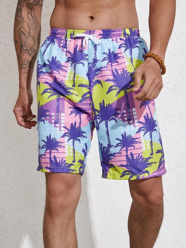 1 Piece Coconut Tree Print Swim Trunks-Waves And Trunks